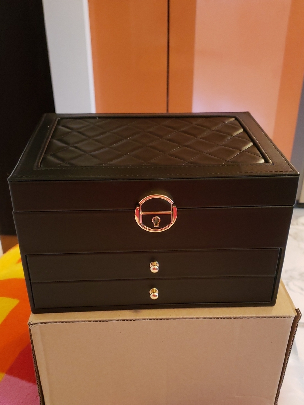 Quilted Black Jewelry Box with Gold Hardware